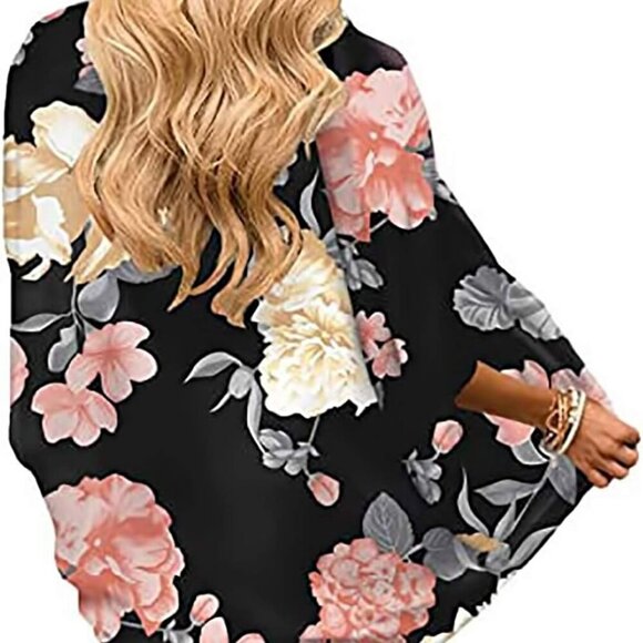 Womens Floral Chiffon Kimono Cardigans Loose Beach Cover Up Half Sleeve Tops - Picture 2 of 5